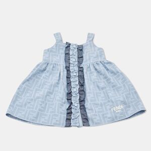 Fendi Kids Blue Logo Print Chambray Ruffled Detail Dress 6 Months